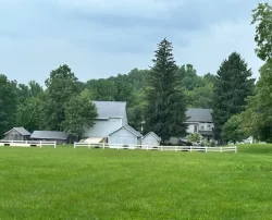 view of a white farmhouse surrounded by lush green fields.